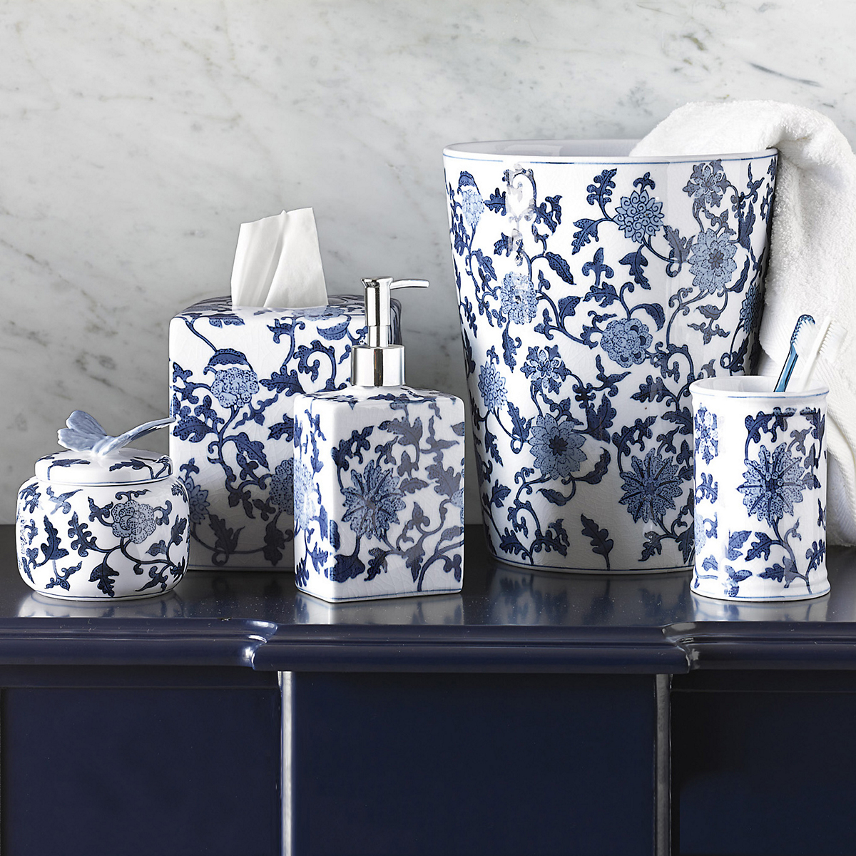 Blue & White Bath Porcelain Wastebasket Gump's