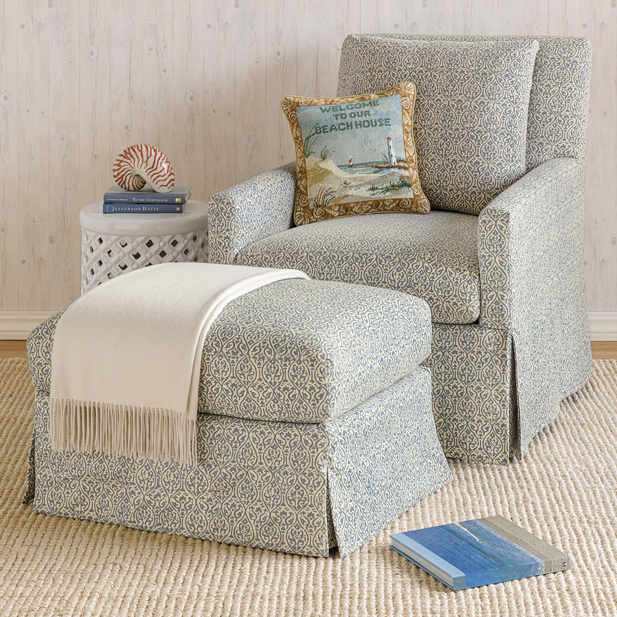 Miranda Swivel Glider Chair & Ottoman, Blue Floral | Gump's