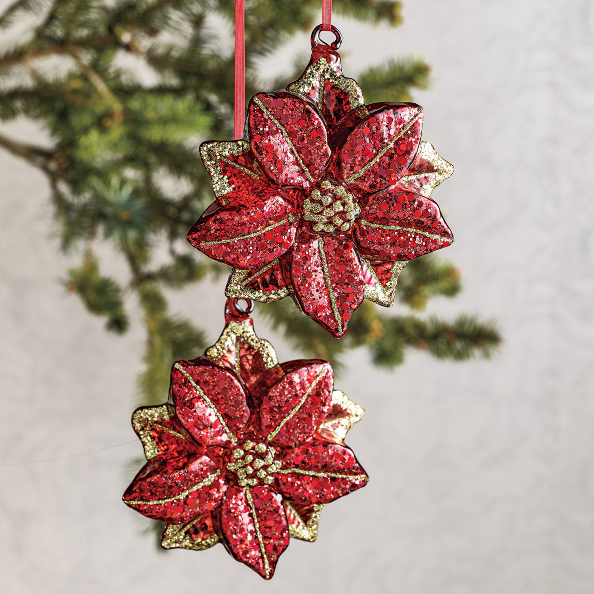 Glittered Poinsettia Christmas Ornaments, Set Of 2 Gump's