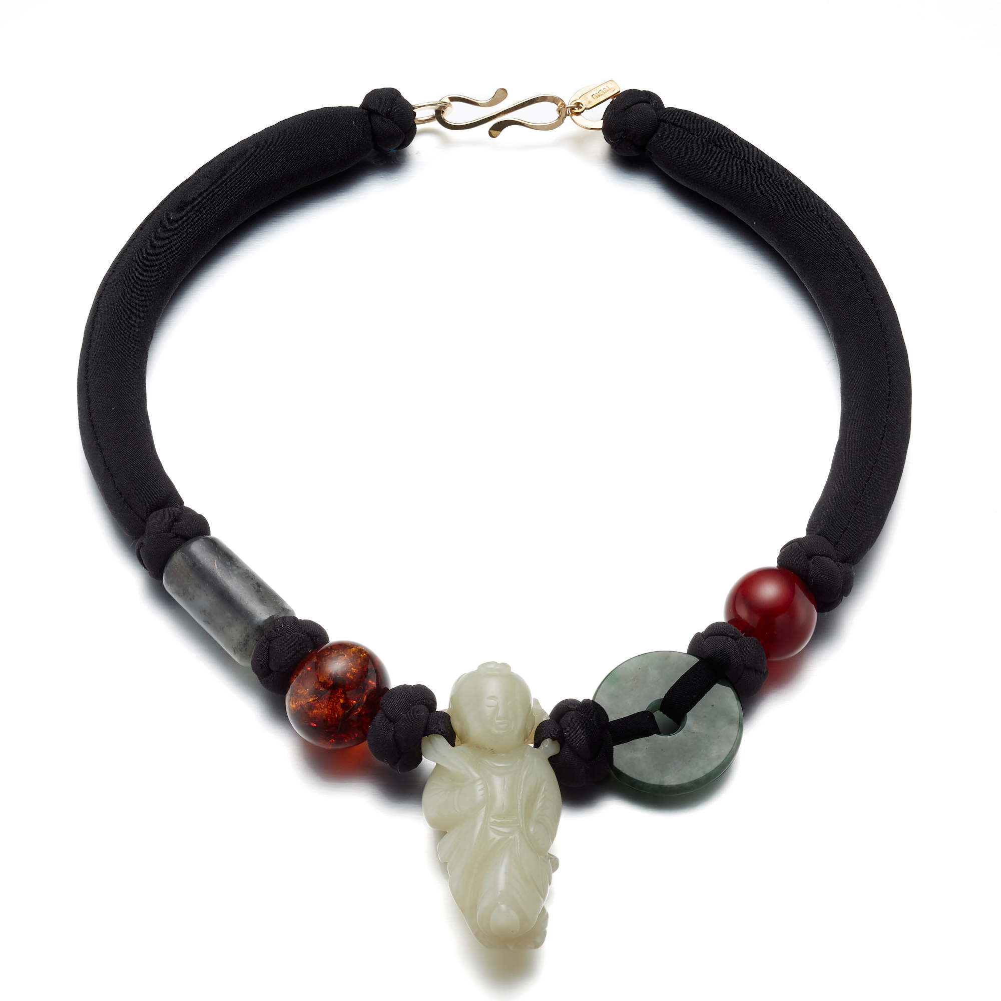 Pat Tseng Antique Jade Figurine Necklace On Black Silk Cord Gump's