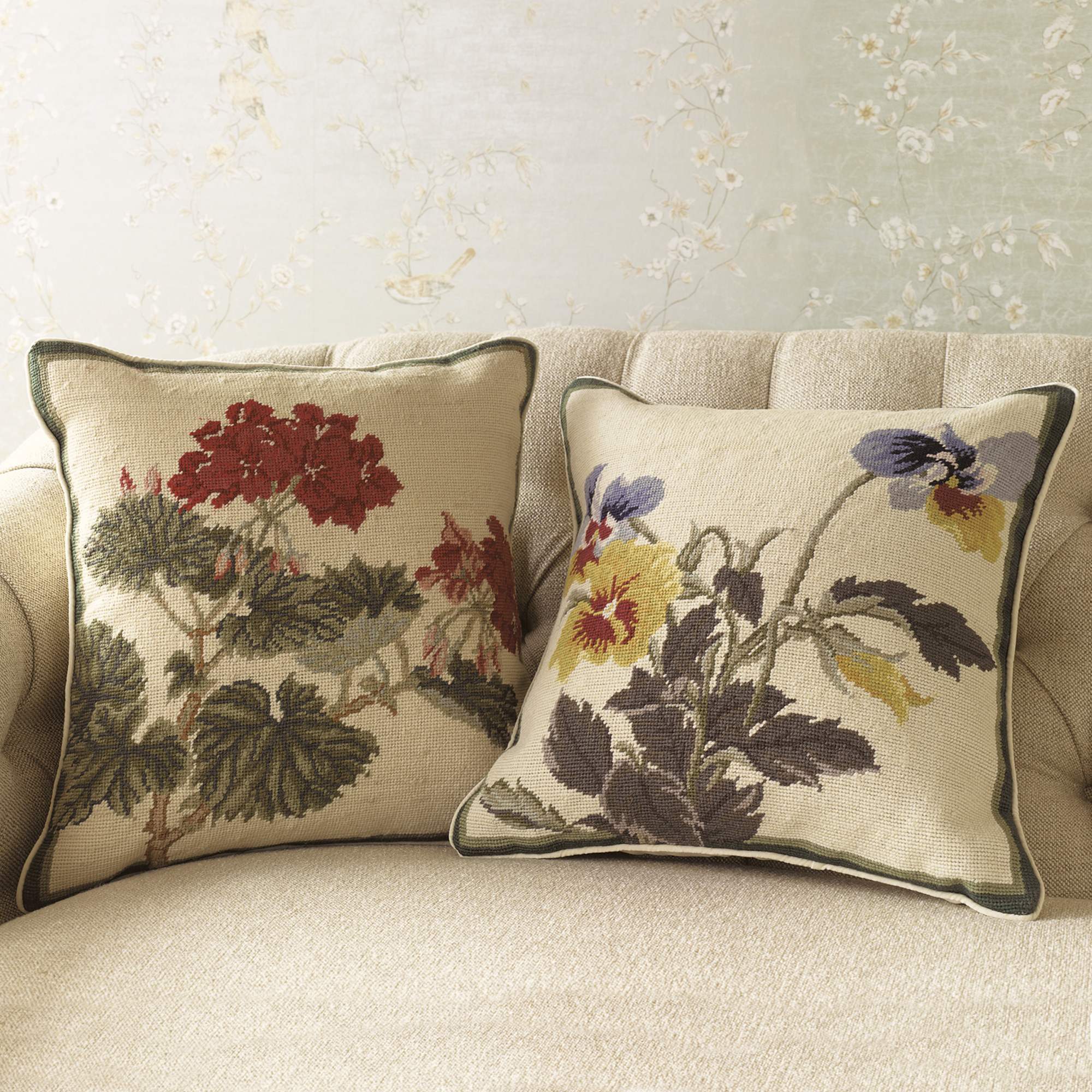 Needlepoint Geranium & Pansy Pillows | Gump's