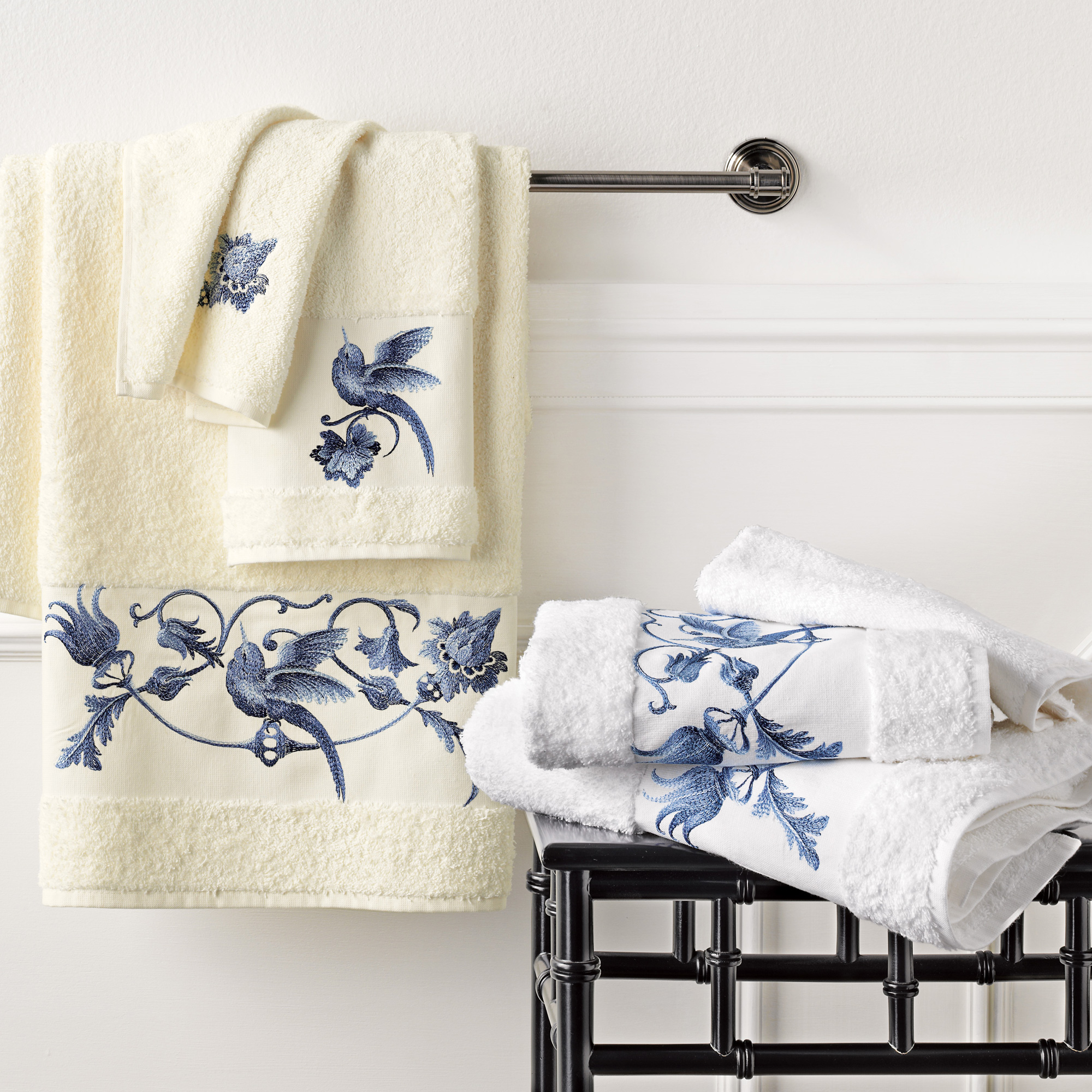 Blue Nightingale Embroidered Towels | Gump's