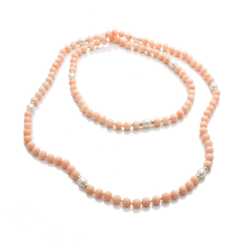 Gump's Pink Coral Rope Necklace With Freshwater Cultured Pearls | Gump's
