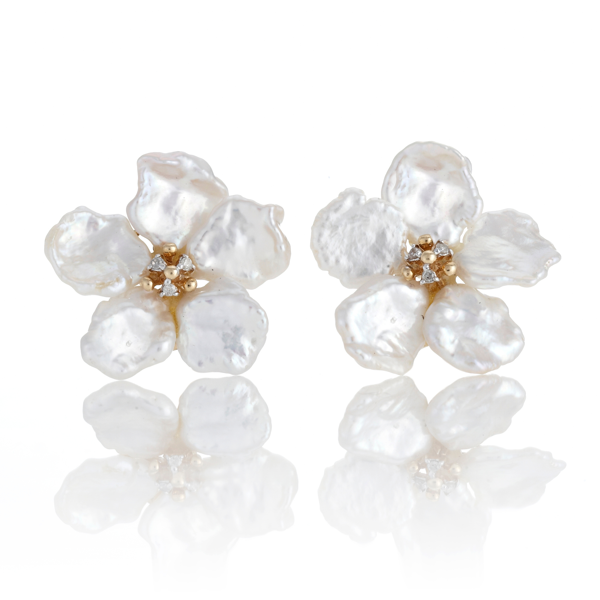 Five Petal Pearl & Diamond Flower Earrings | Gump's