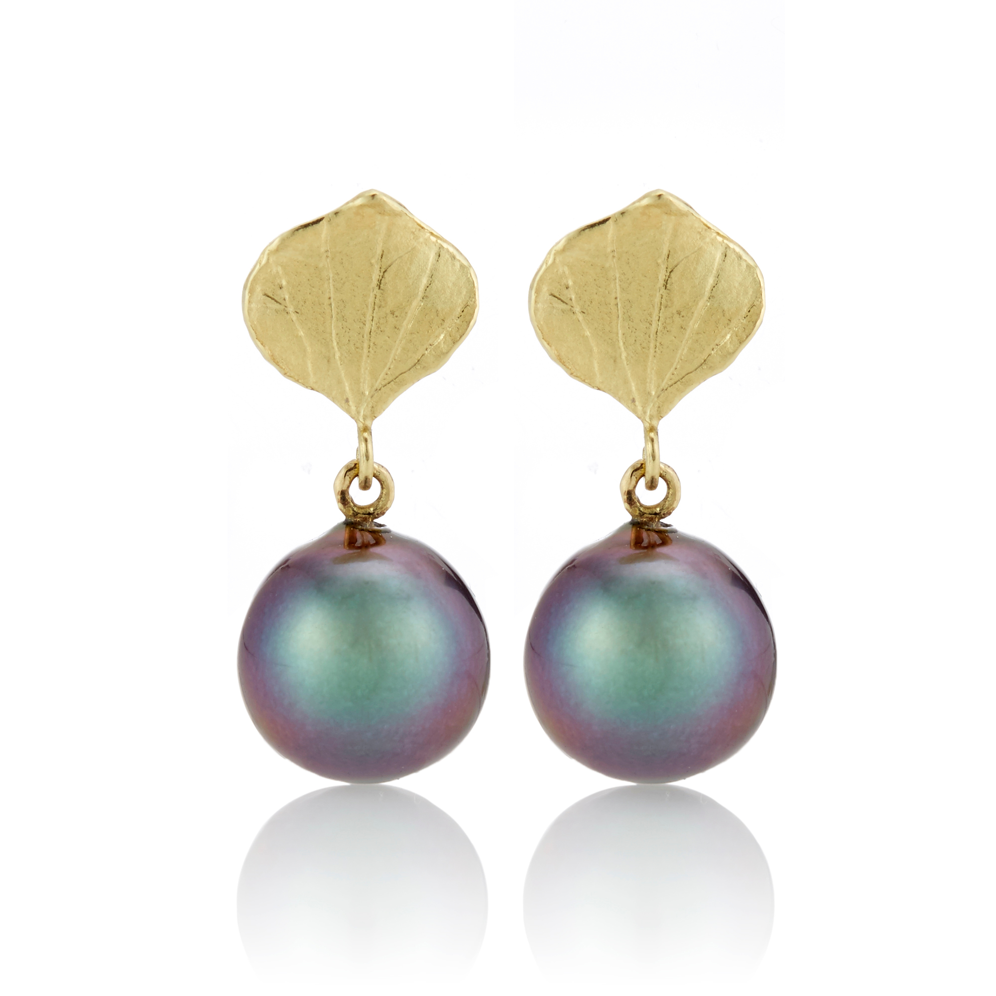 Barbara Heinrich Gold Aspen Leaf & Tahitian Pearl Drop Earrings | Gump's